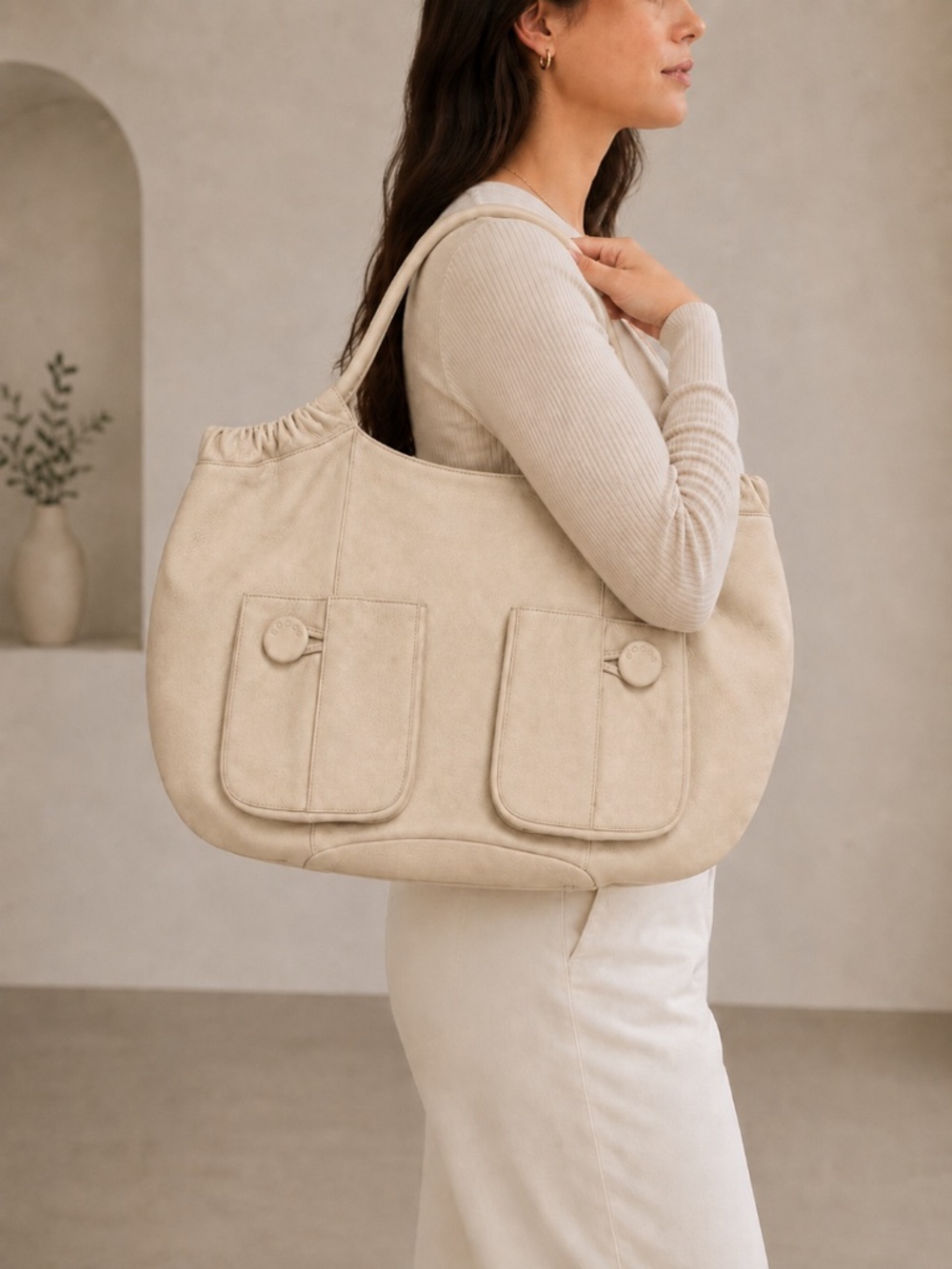 BODHI Soft Pebbled Leather Hobo Tote Bag Ivory Cream Large Shoulder Bag